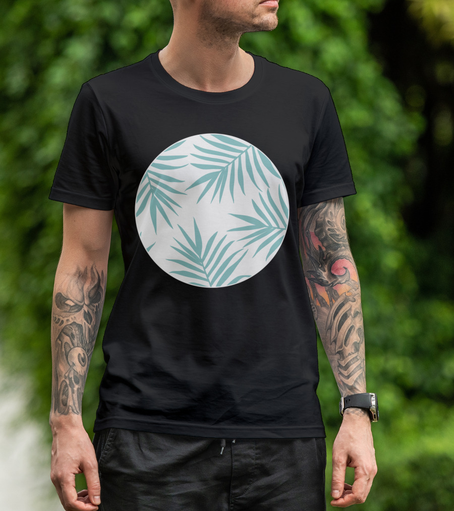 Delicate Green Tropical Leaves Pattern On Light Circular Background T-Shirt