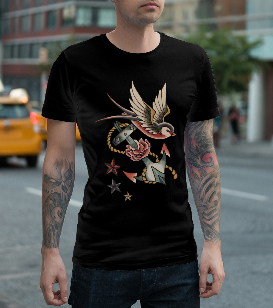 Retro Tattoo Anchor And Swallow With Stars And Rope T-Shirt