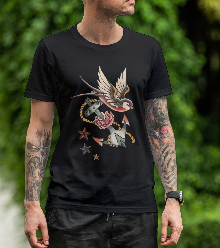 Retro Tattoo Anchor And Swallow With Stars And Rope T-Shirt