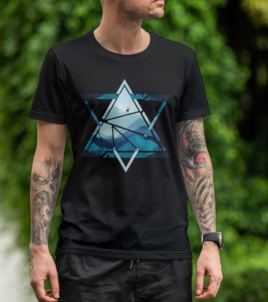 Triangle Mountains Deer Landscape Inside Star T-Shirt