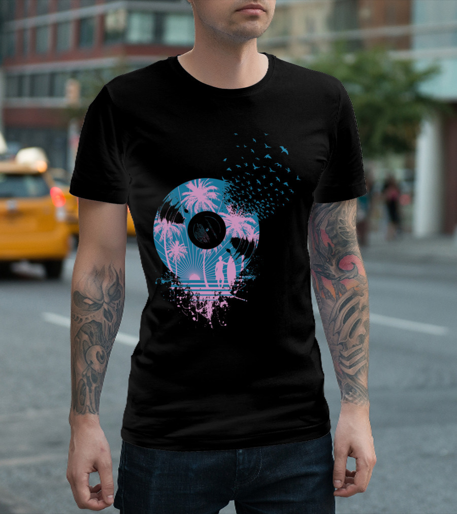 Tropical Sunset Vinyl Record With Palm Trees And Bird T-Shirt