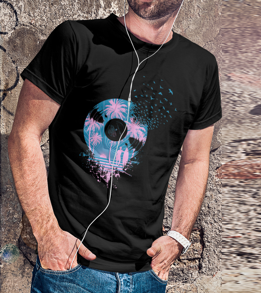Tropical Sunset Vinyl Record With Palm Trees And Bird T-Shirt