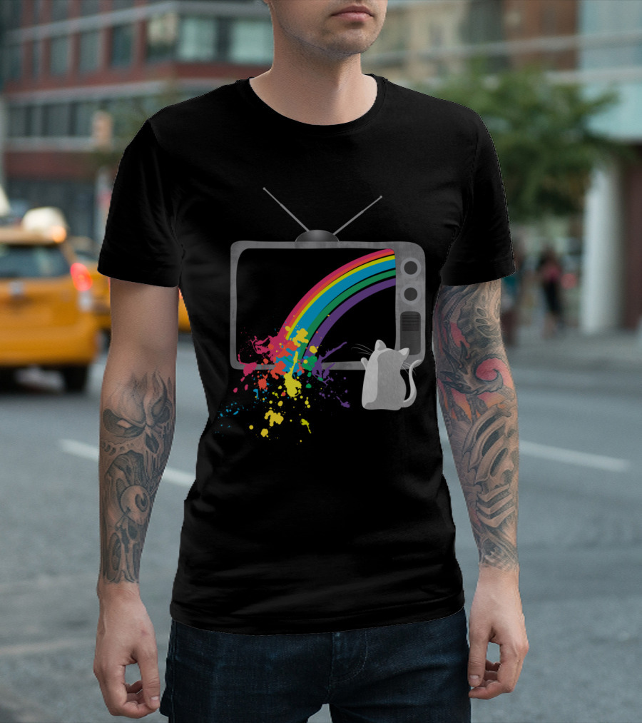 Retro TV Rainbow Splash With Cat T-Shirt