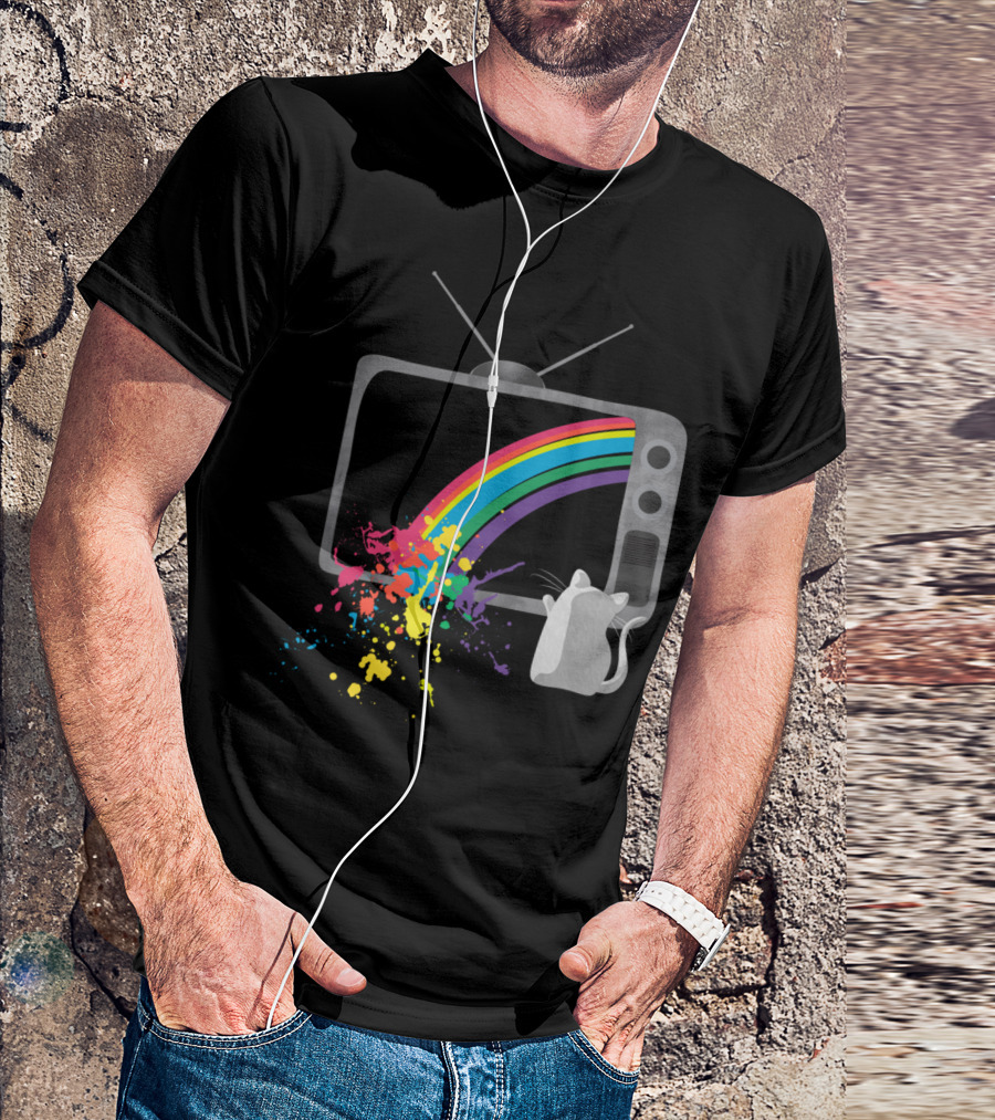 Retro TV Rainbow Splash With Cat T-Shirt