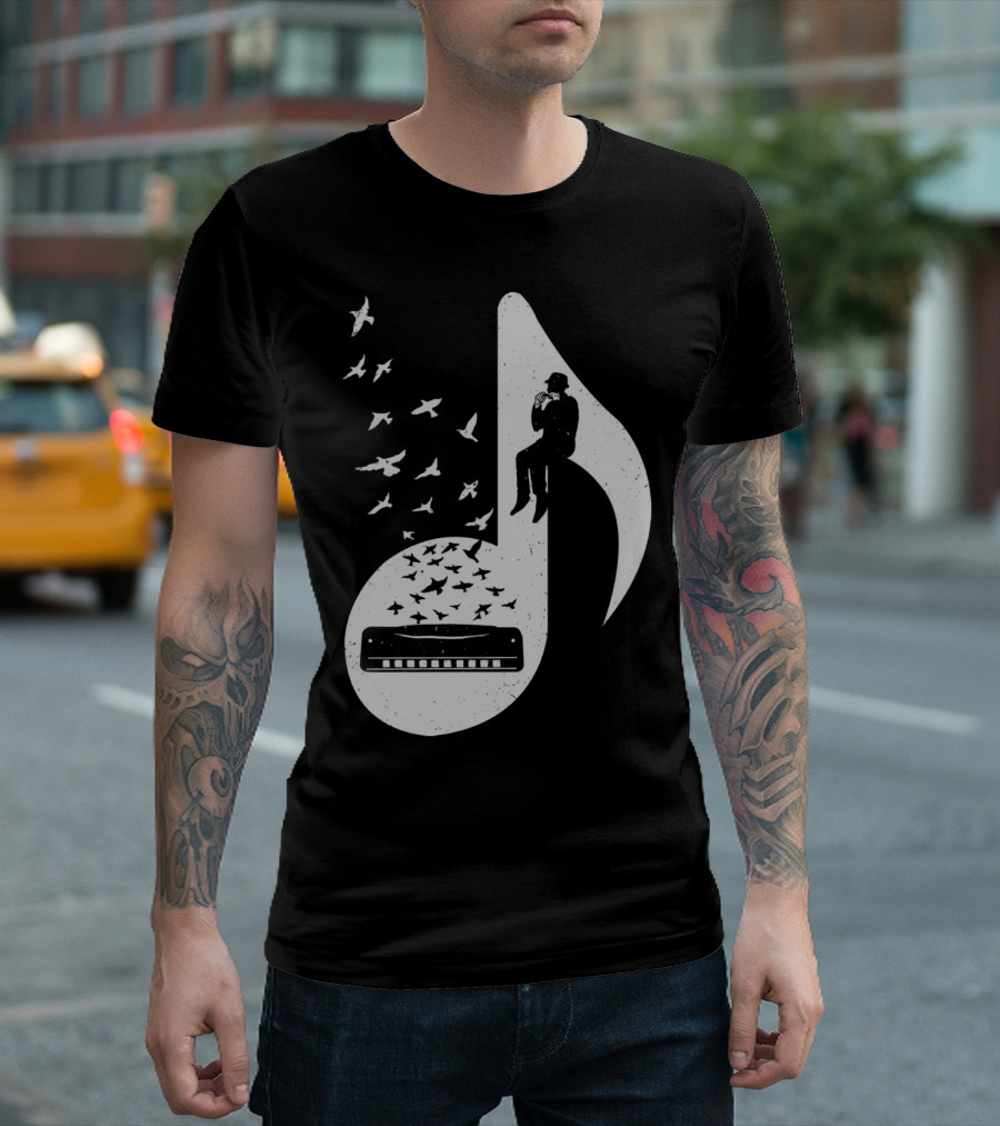 Musical Note Harmonica Birds Silhouette Player T-Shirt