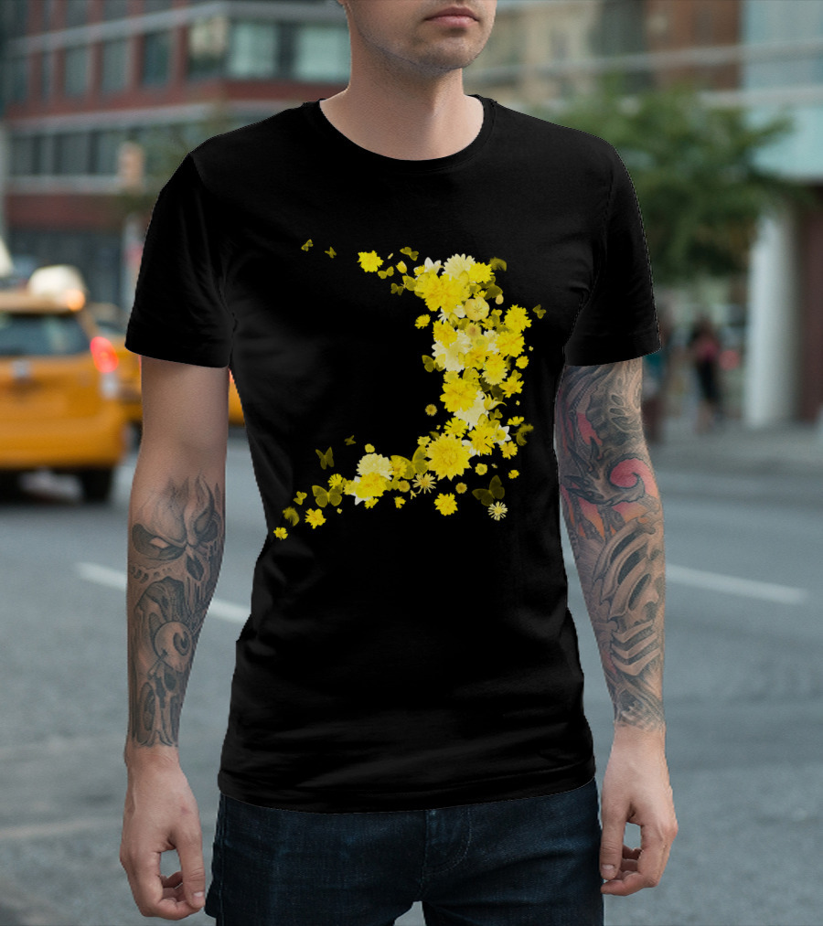Yellow Flower Blossoms and Butterflies Breeze Crescent Formation T-Shirt