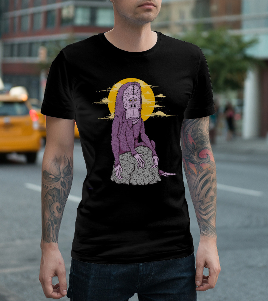 Nostalgic Monkey Big Foot Sitting on Rock with Yellow Moon Background T-Shirt