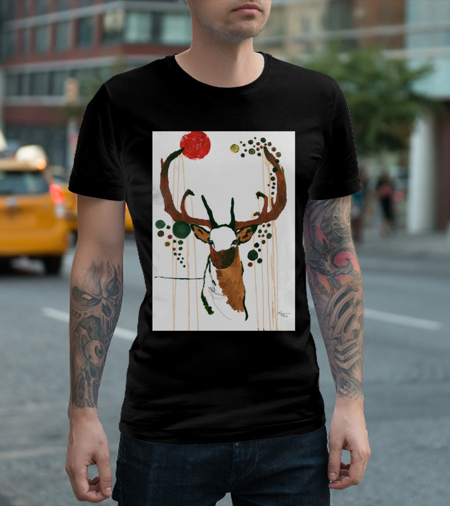 Deer with Abstract Circular Patterns and Red Sun T-Shirt