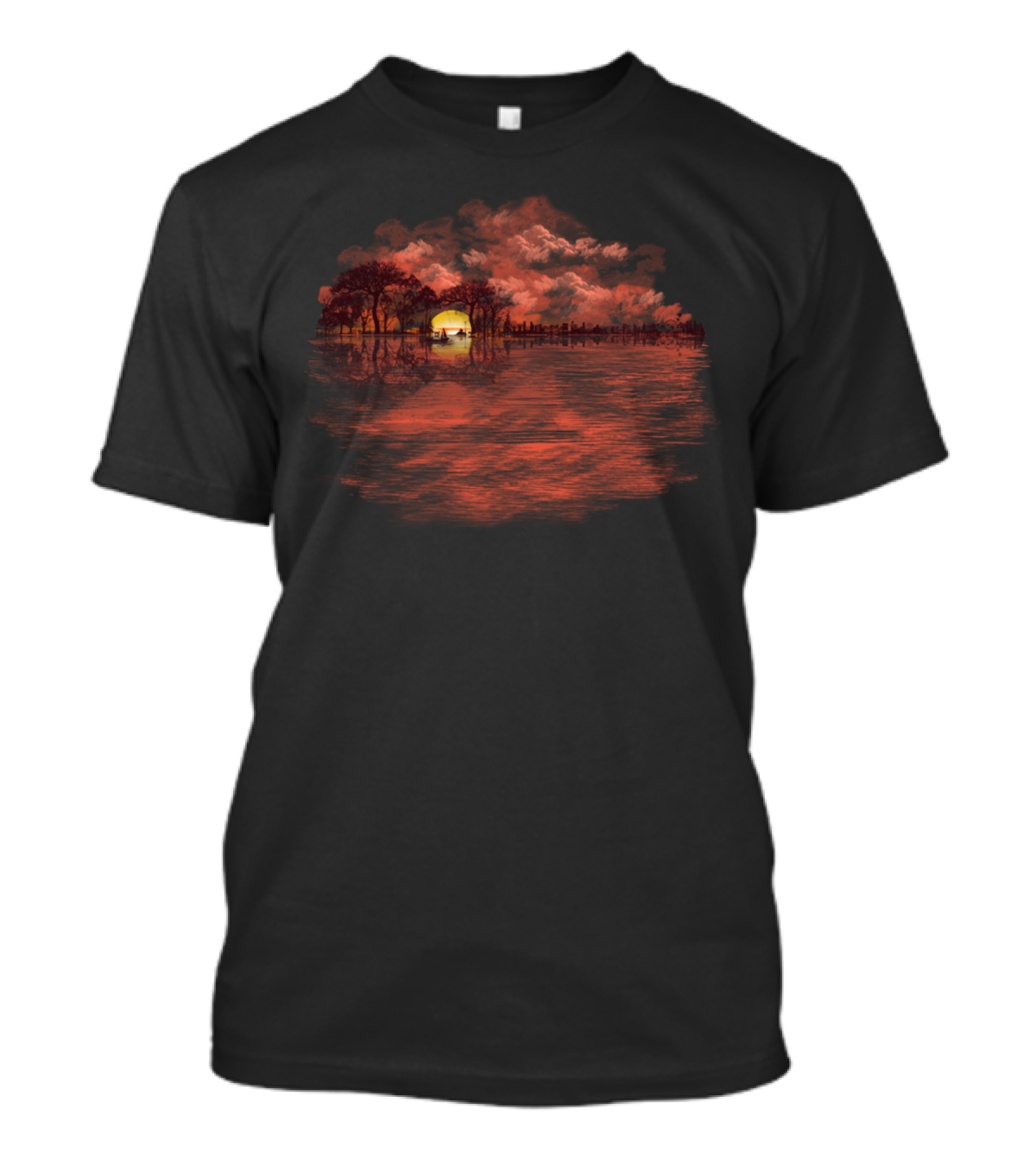 Reflections Of A Musical Sunset Over Serene Waters With Cloudy Skies And Trees T-Shirt