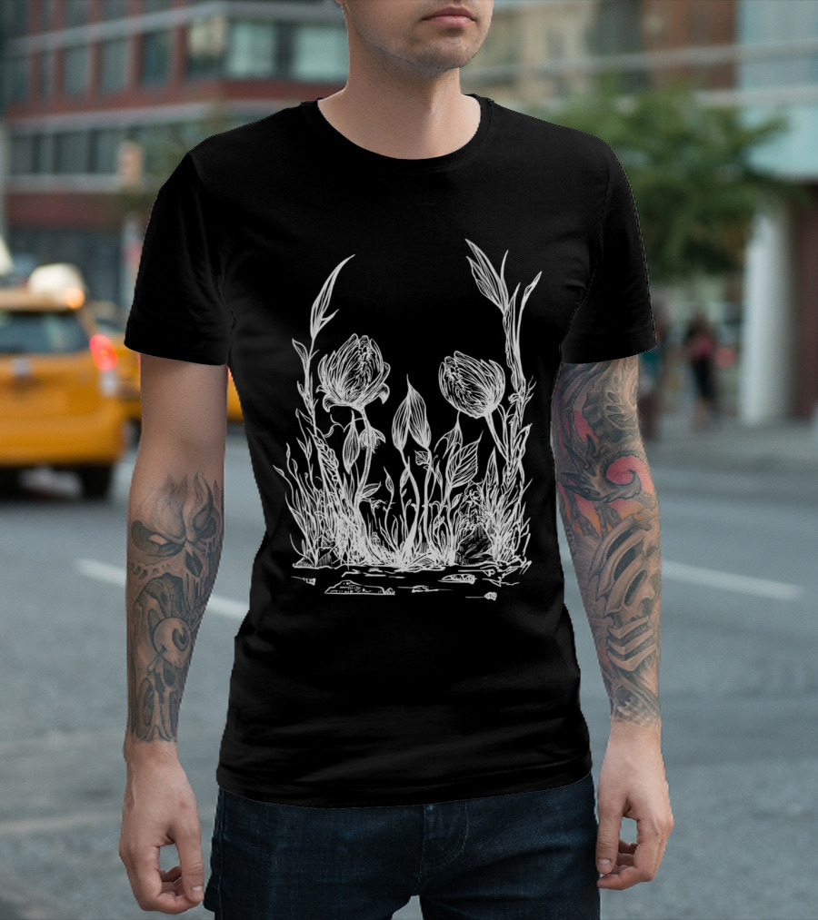 Skull Hidden In Flowers And White Floral Outline T-Shirt