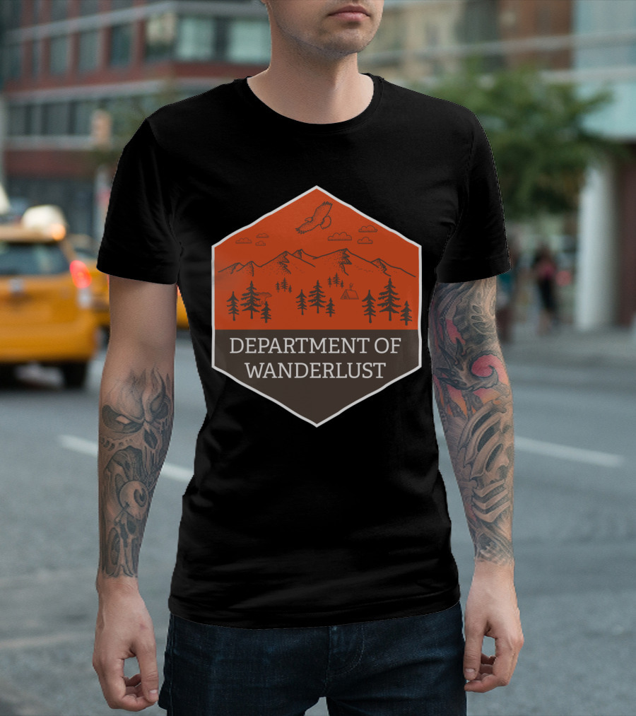 Department Of Wanderlust Mountain Adventure Badge with Eagle and Tent T-Shirt