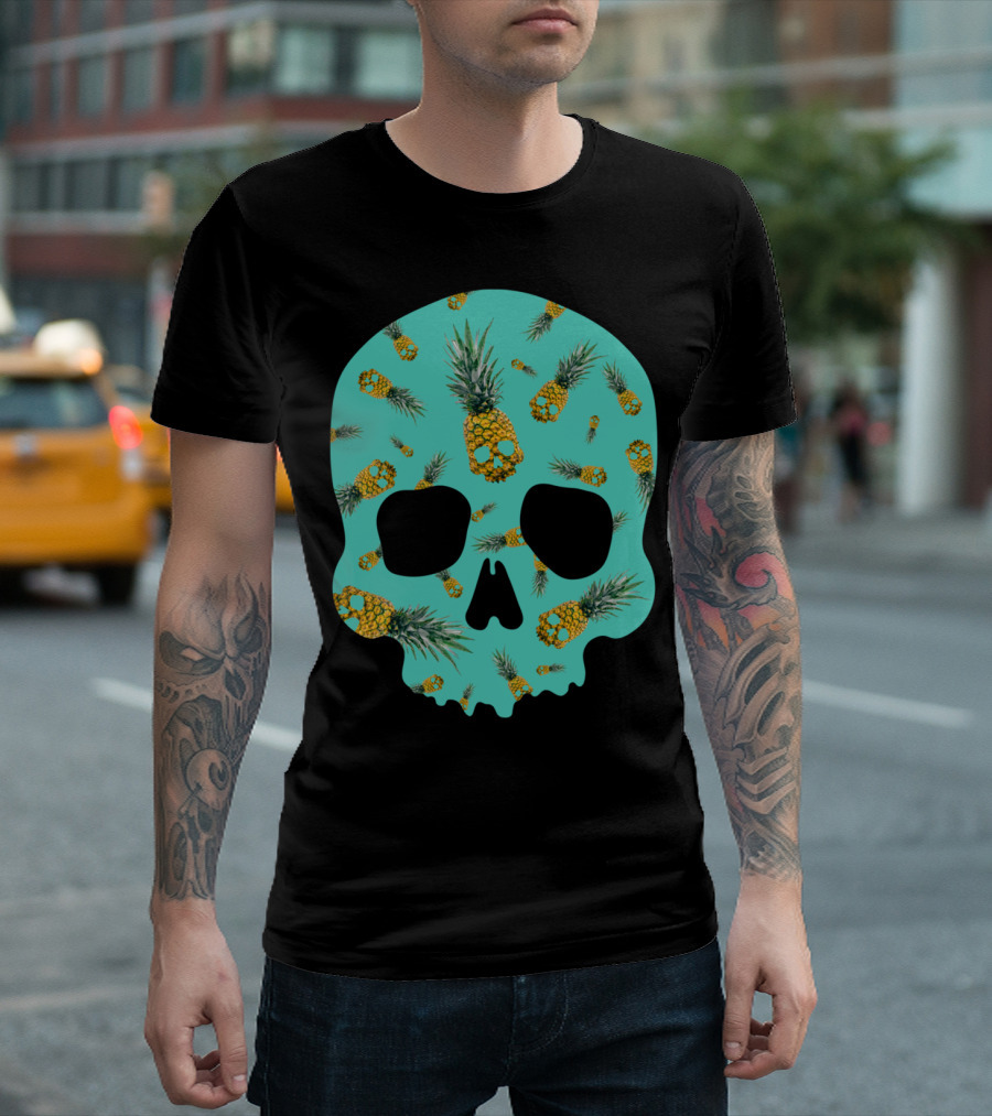 Skull Pineapple Pattern On Teal Background T-Shirt