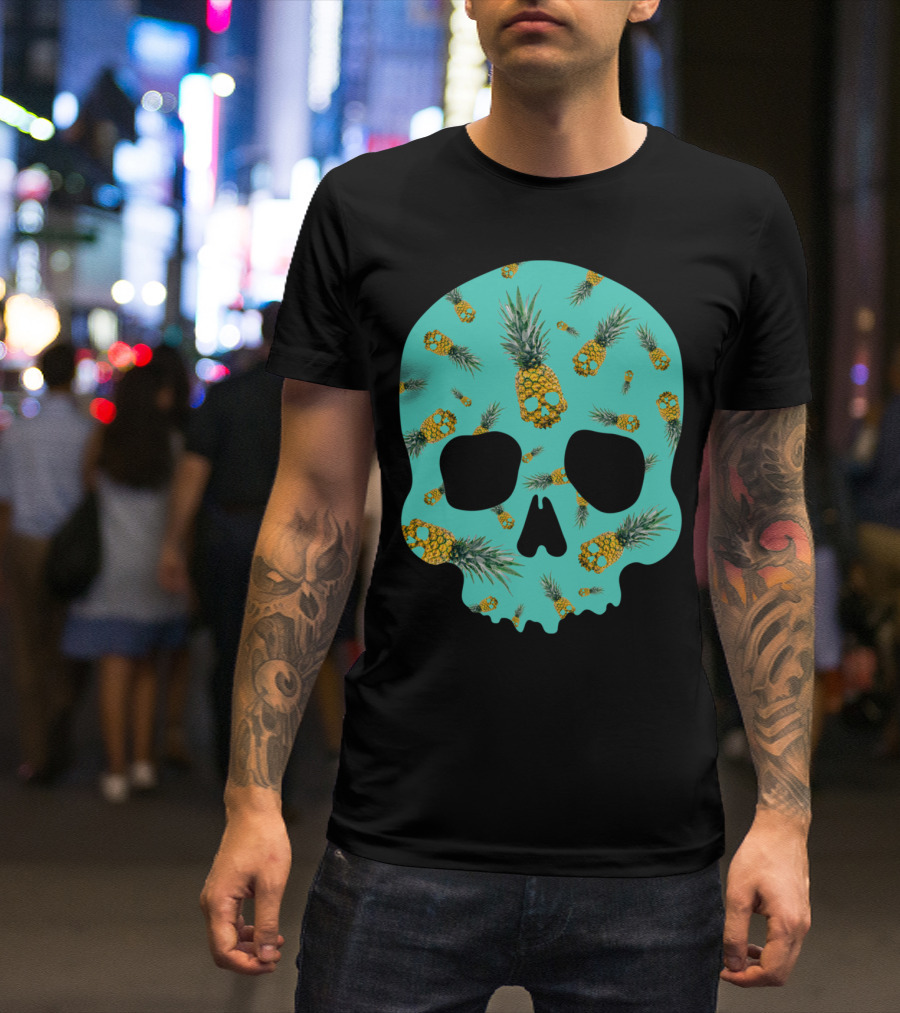Skull Pineapple Pattern On Teal Background T-Shirt