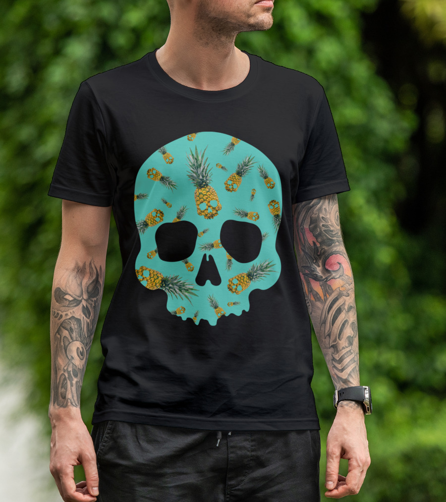 Skull Pineapple Pattern On Teal Background T-Shirt