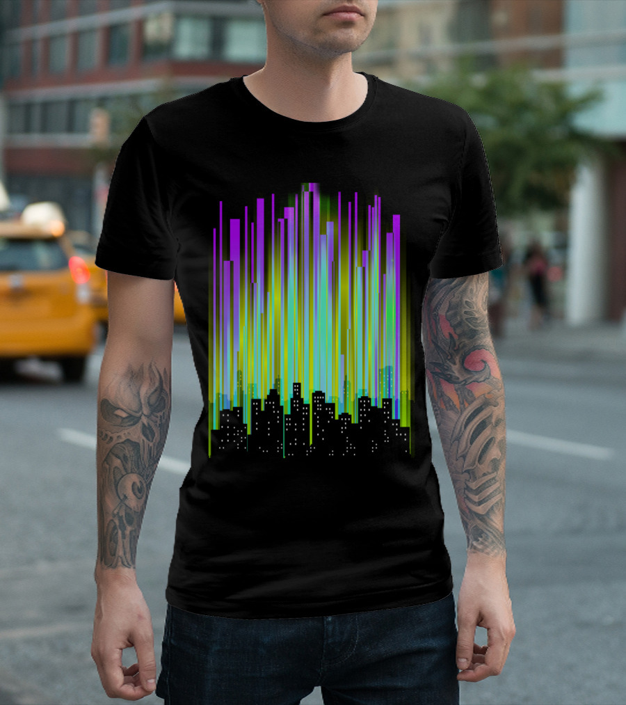 Techno City Lights Neon Skyline Bars T-Shirt