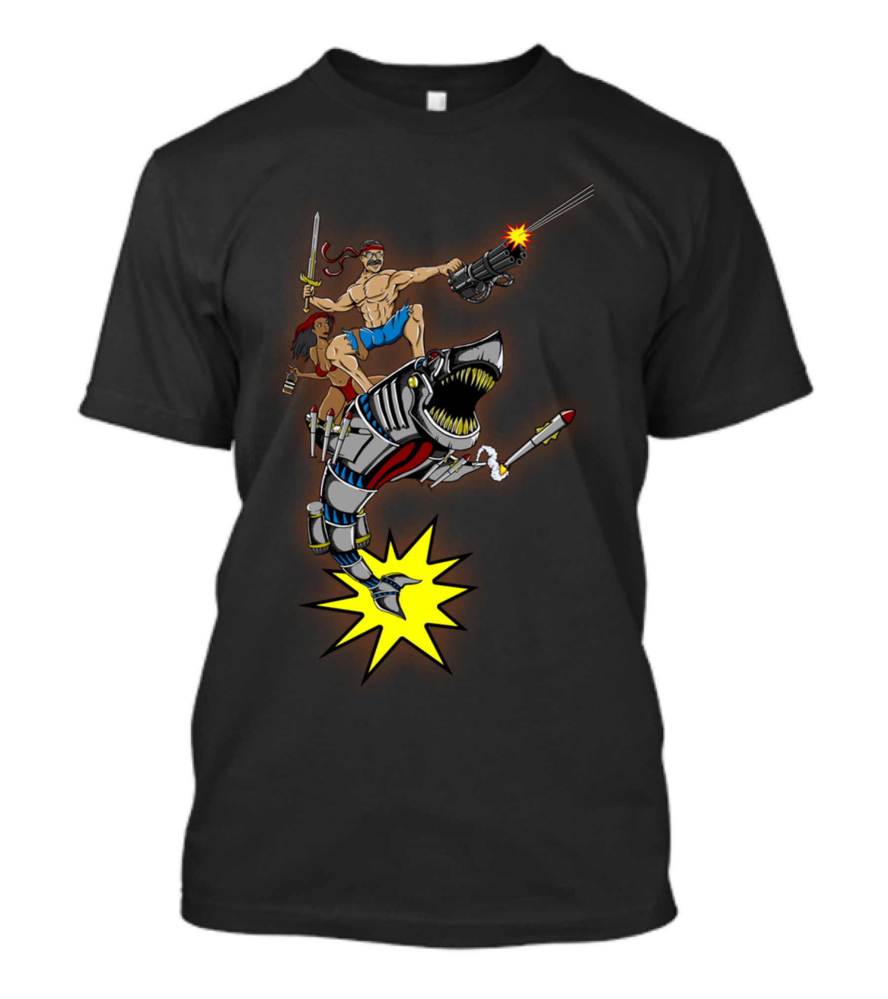 Nothing More Manly Warrior Riding Mechanical Shark With Sword And Gun T-Shirt