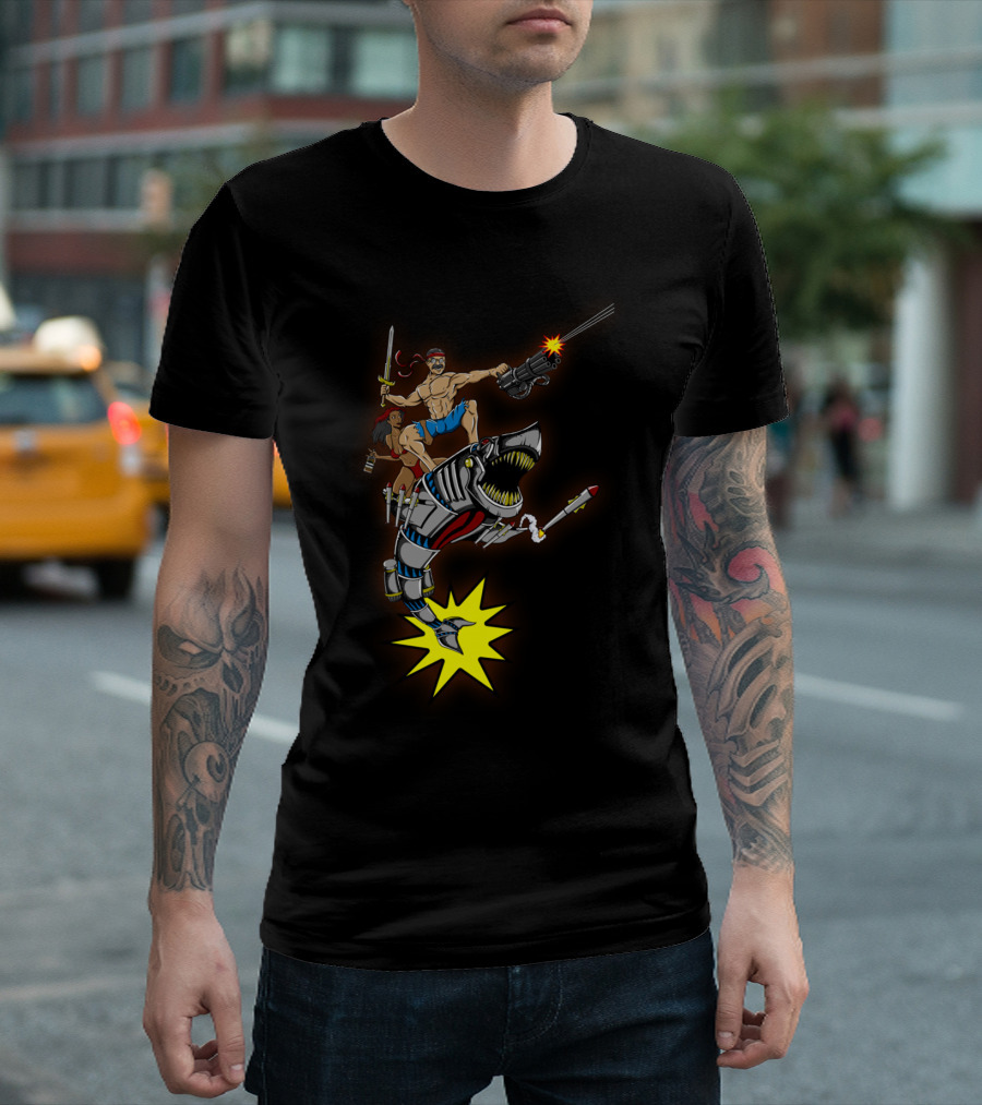 Nothing More Manly Warrior Riding Mechanical Shark With Sword And Gun T-Shirt