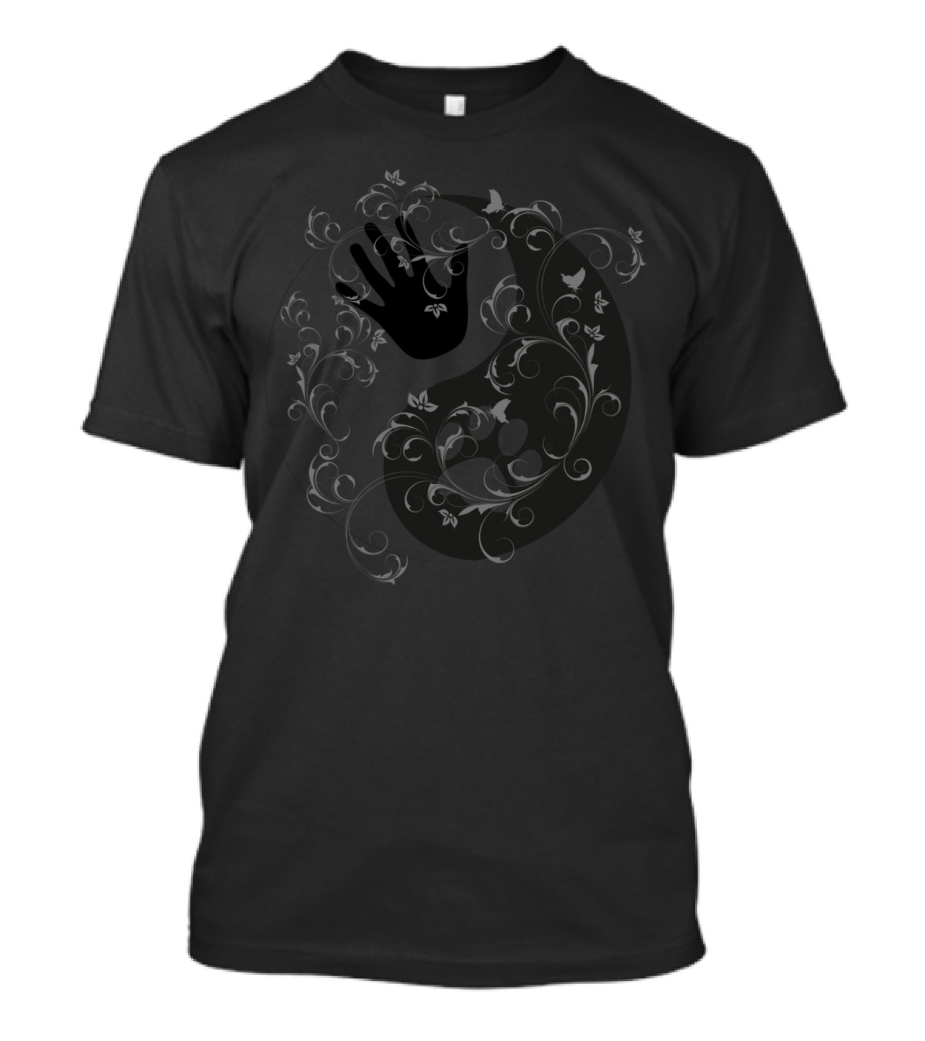 Yin Yang Hand And Paw Flourish With Floral And Butterfly Motifs T-Shirt