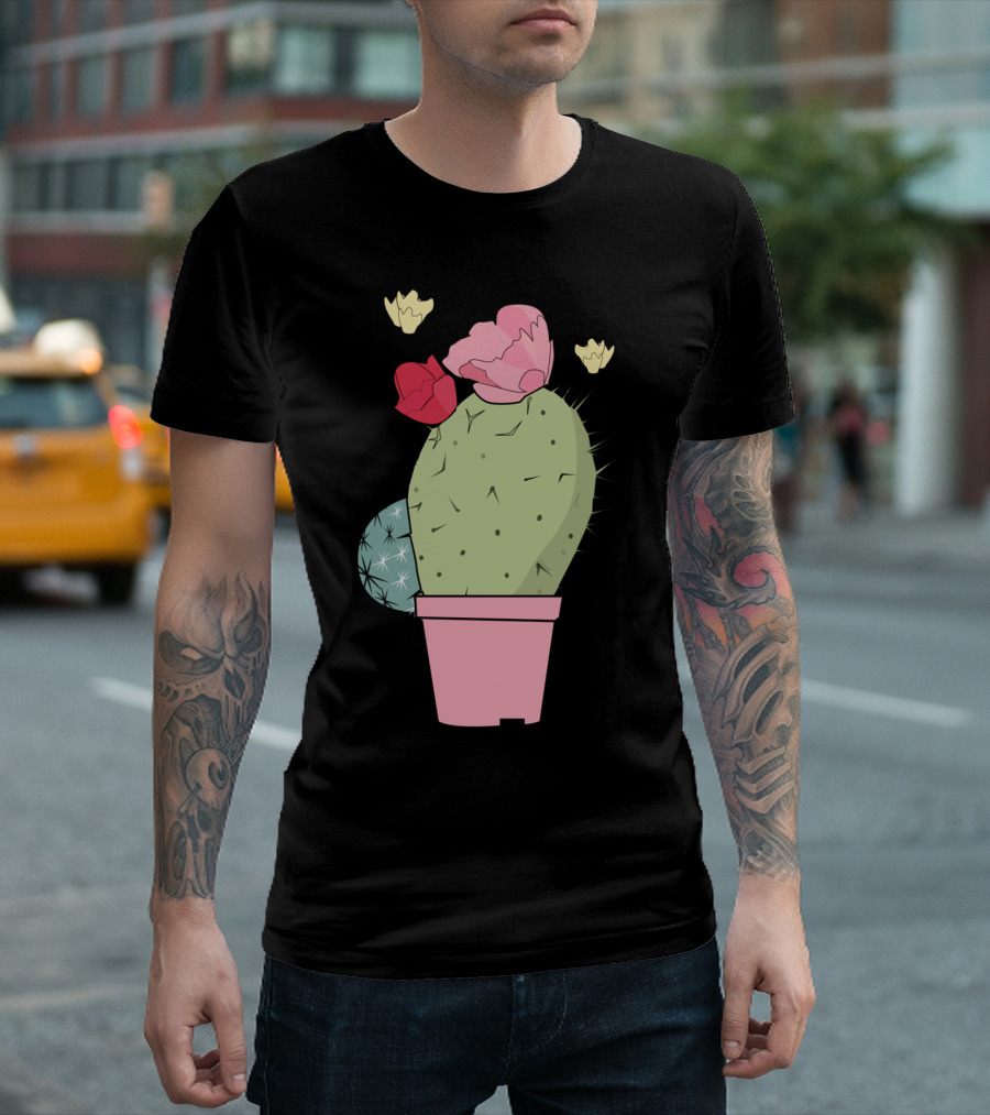 Pastel Cactus In Pink Pot With Flowers T-Shirt