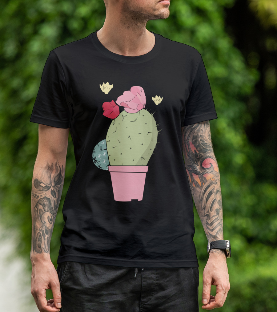 Pastel Cactus In Pink Pot With Flowers T-Shirt