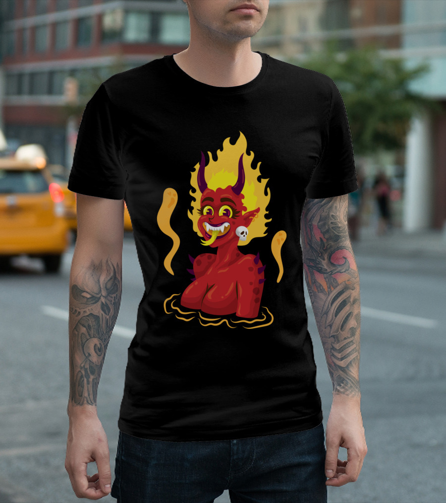 Devil Smiling Flame-Haired Demon with Skull Earring T-Shirt