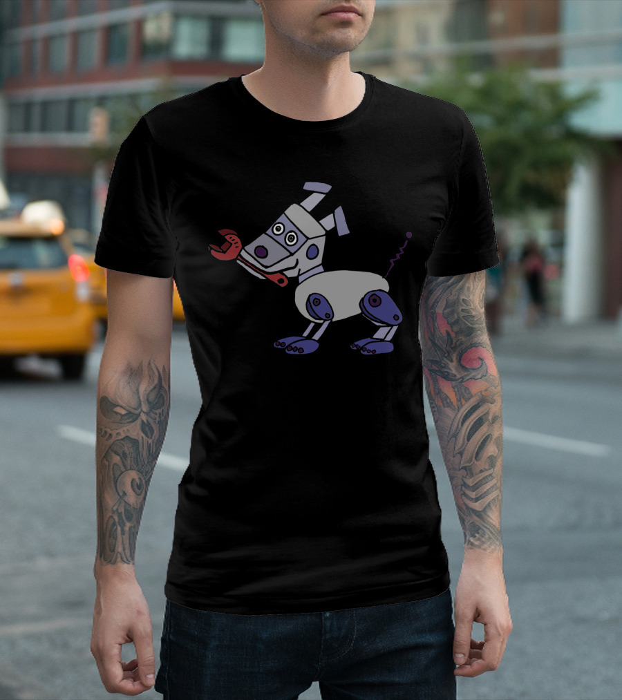 Rex The Robot Dog Holding Spanner Playful Pose T-Shirt