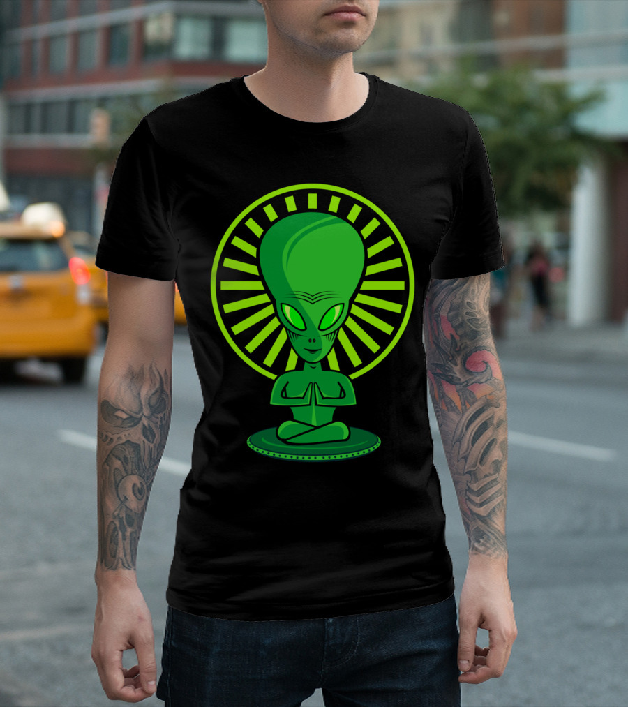 YOGA ALIEN MEDITATION POSE WITH HALO AND GREEN SKIN T-Shirt