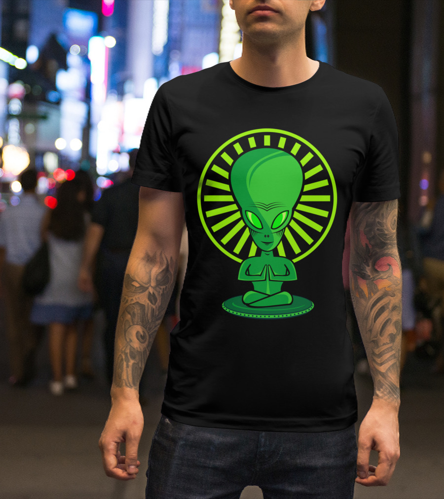 YOGA ALIEN MEDITATION POSE WITH HALO AND GREEN SKIN T-Shirt