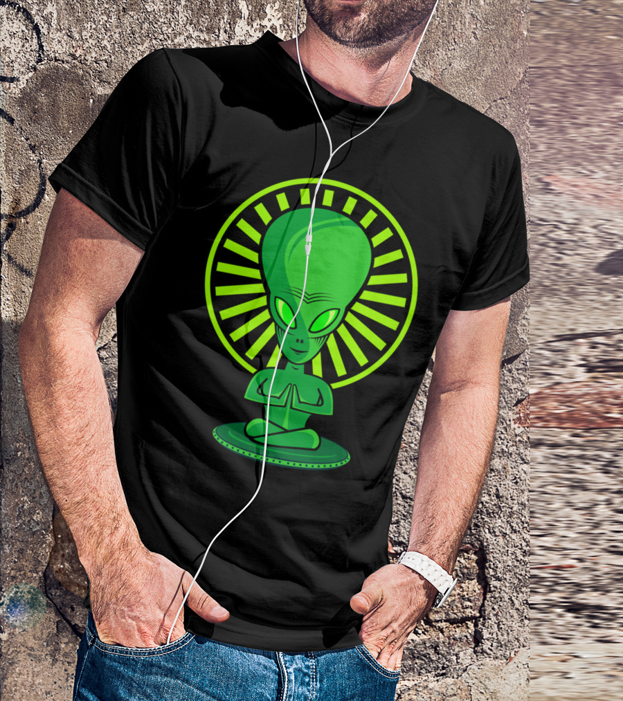 YOGA ALIEN MEDITATION POSE WITH HALO AND GREEN SKIN T-Shirt