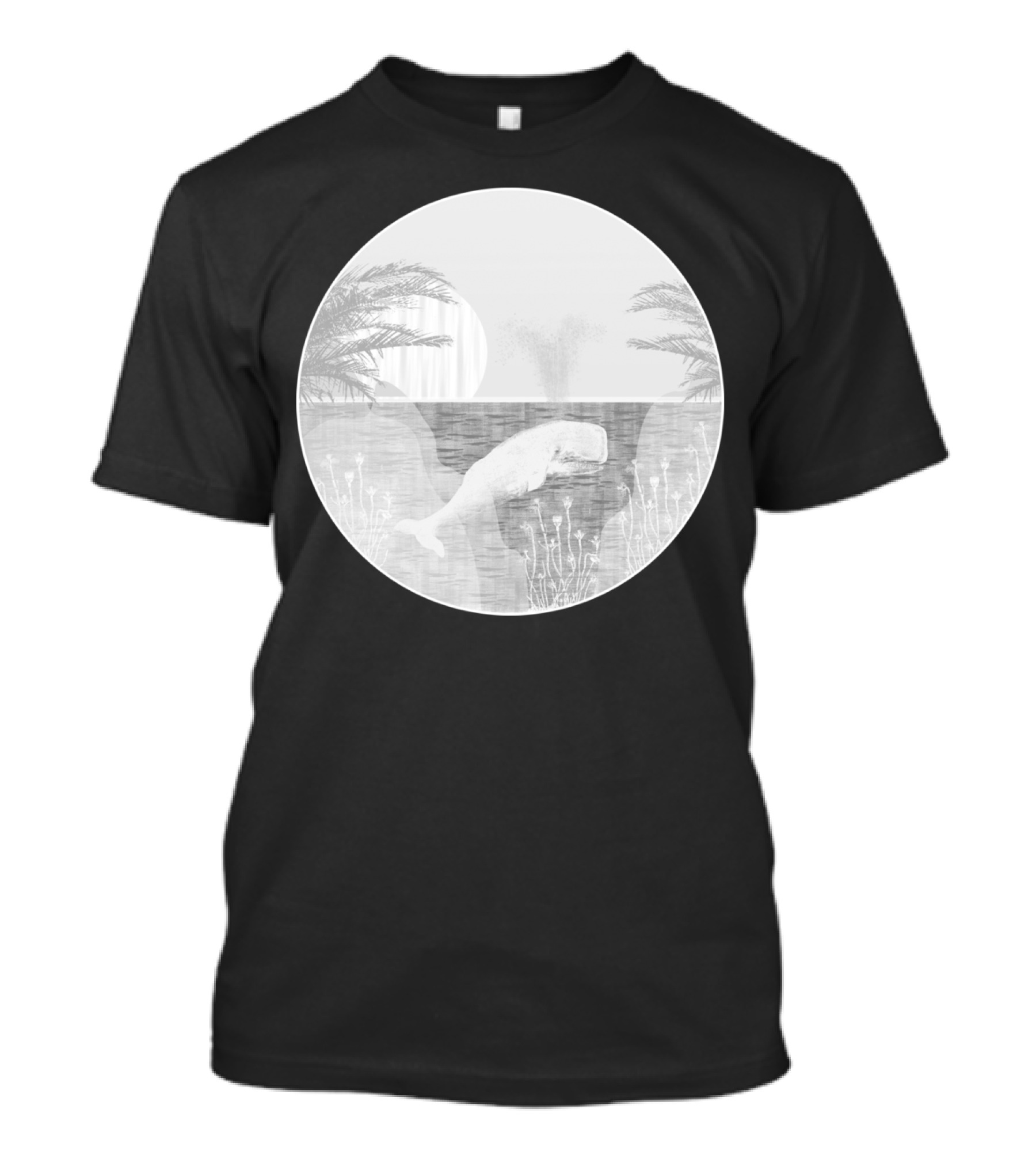 Tropical Black And White Whale With Palm Trees And Sunset T-Shirt