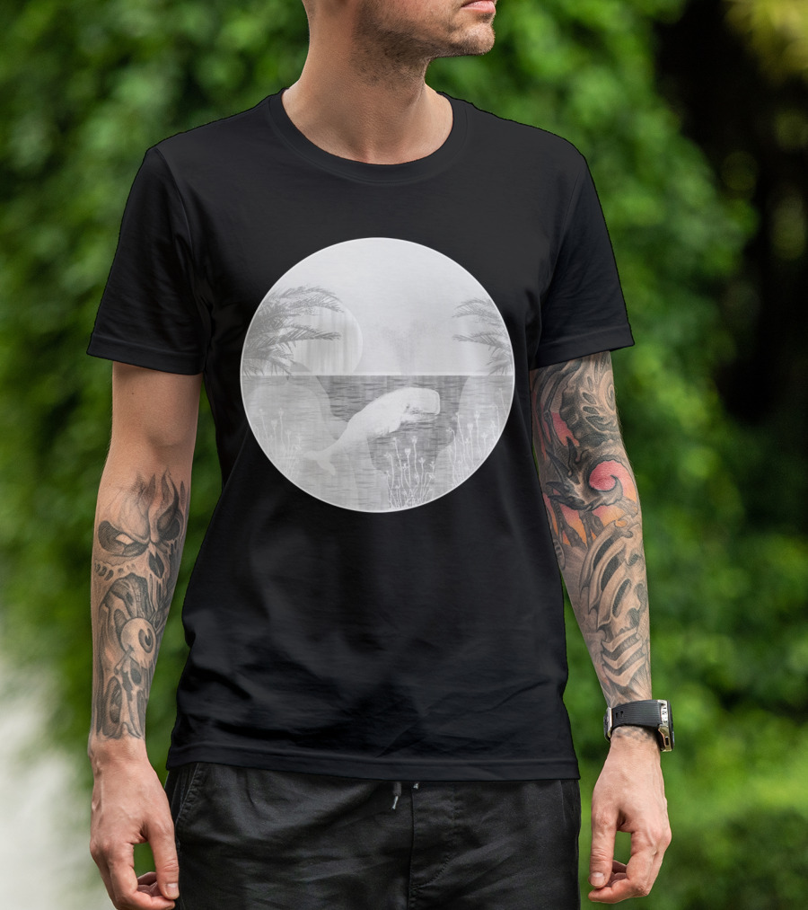 Tropical Black And White Whale With Palm Trees And Sunset T-Shirt