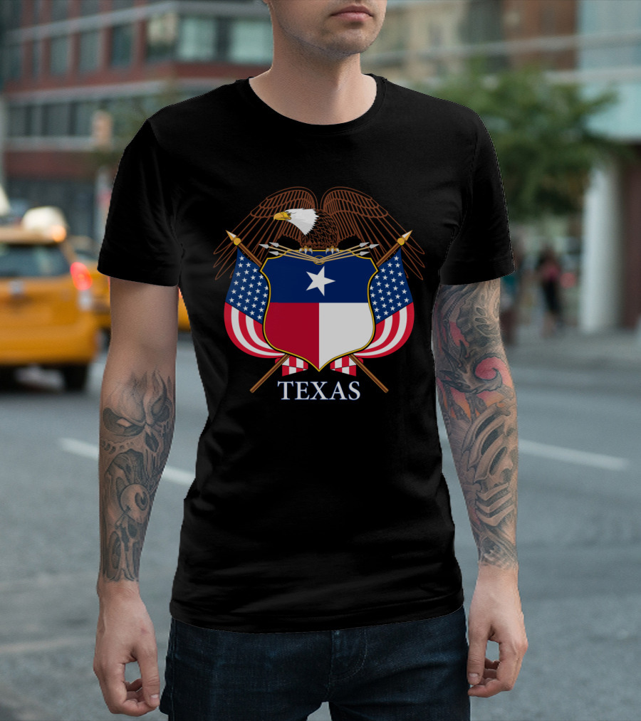 Texas Bald Eagle Emblem with American Flags and Star Badge T-Shirt