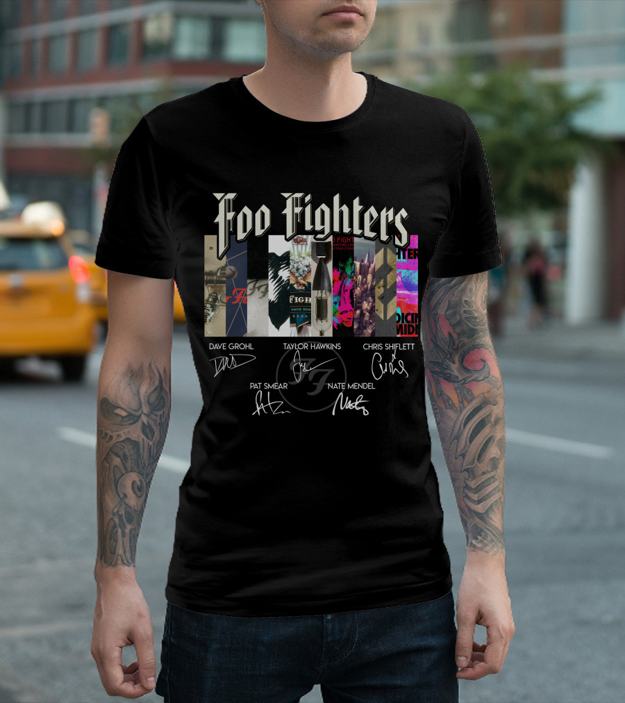 Foo Fighters Album Collage With Band Member Signatures T-Shirt