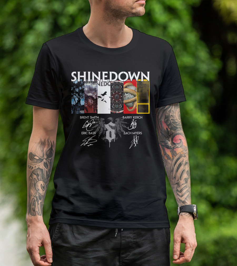Shinedown Album Covers Brent Smith Barry Kerch Eric Bass Zach Myers Signatures T-Shirt