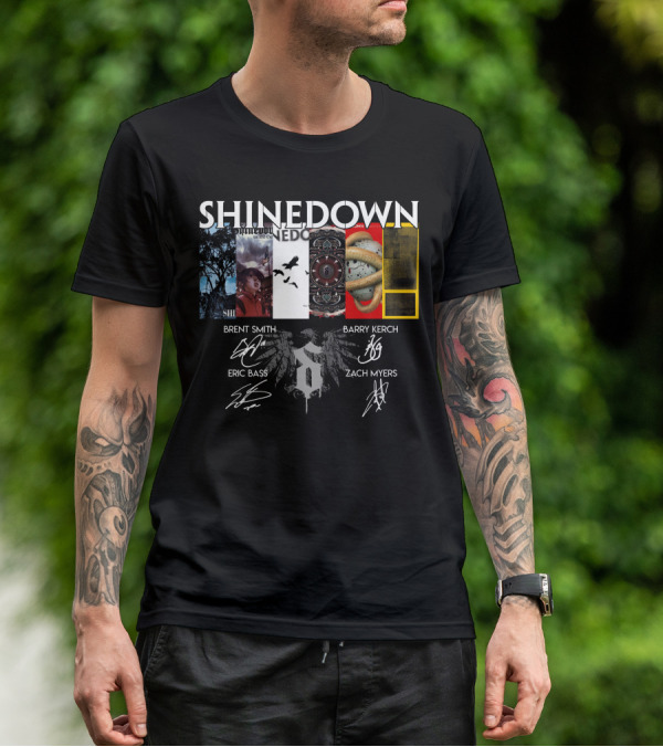 Shinedown Album Covers Brent Smith Barry Kerch Eric Bass Zach Myers Signatures T-Shirt