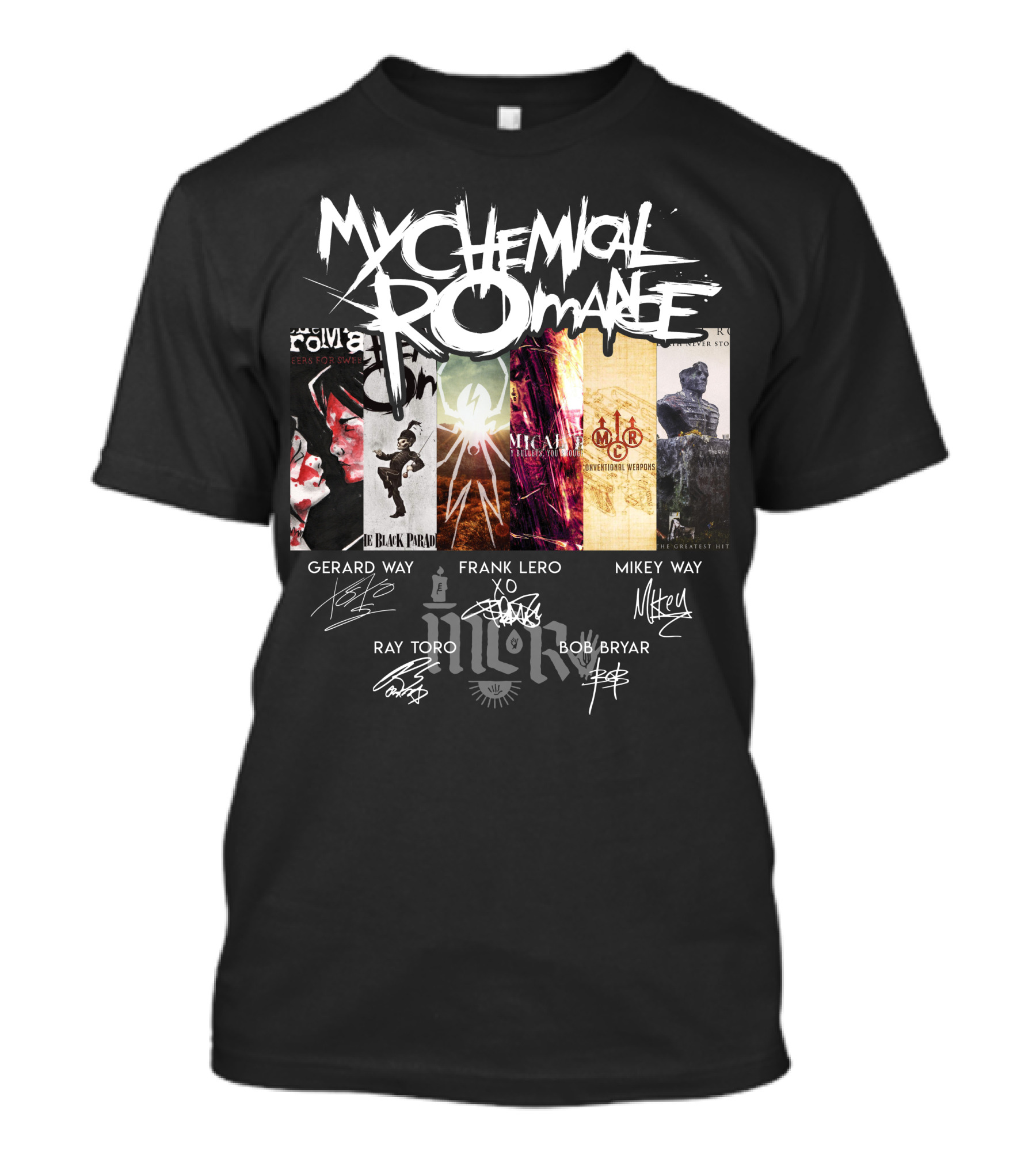 My Chemical Romance Album Collage Gerard Way Frank Iero Mikey Way Ray Toro Bob Bryar Signatures T-Shirt
