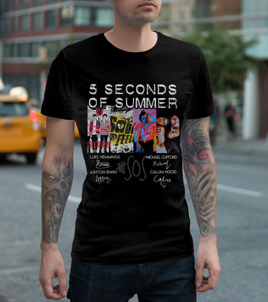 Seconds Of Summer 5Sos Luke Hemmings Michael Clifford Calum Hood Ashton Irwin Signed T-Shirt