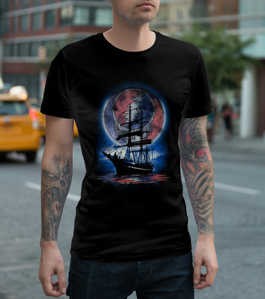 Grateful Dead Ship Of Fools Skull And Lightning Moon Ocean Scene T-Shirt