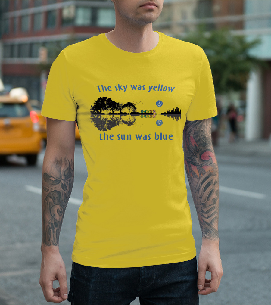 The Sky Was Yellow The Sun Was Blue Reflective Landscape And City Skyline T-Shirt