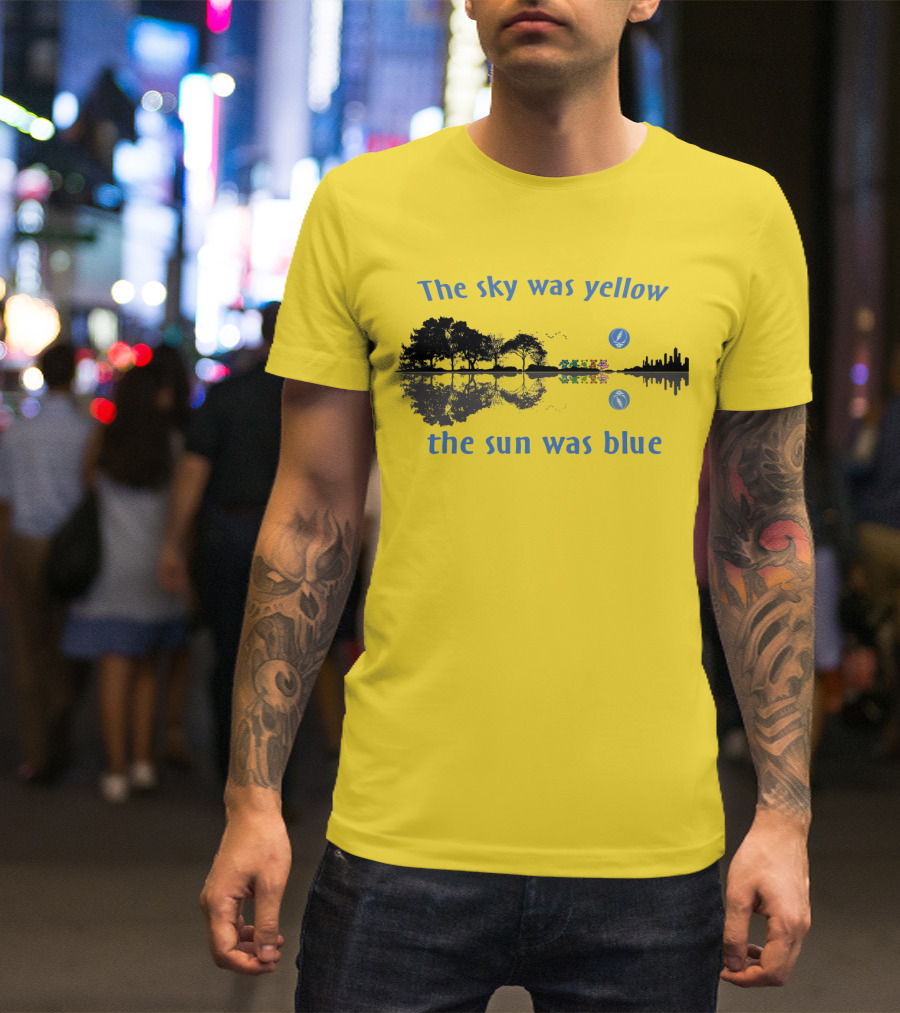 The Sky Was Yellow The Sun Was Blue Reflective Landscape And City Skyline T-Shirt