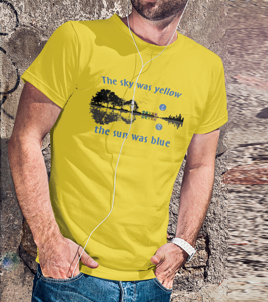 The Sky Was Yellow The Sun Was Blue Reflective Landscape And City Skyline T-Shirt