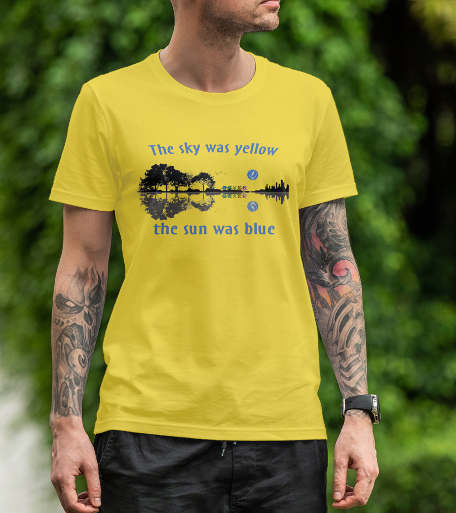 The Sky Was Yellow The Sun Was Blue Reflective Landscape And City Skyline T-Shirt