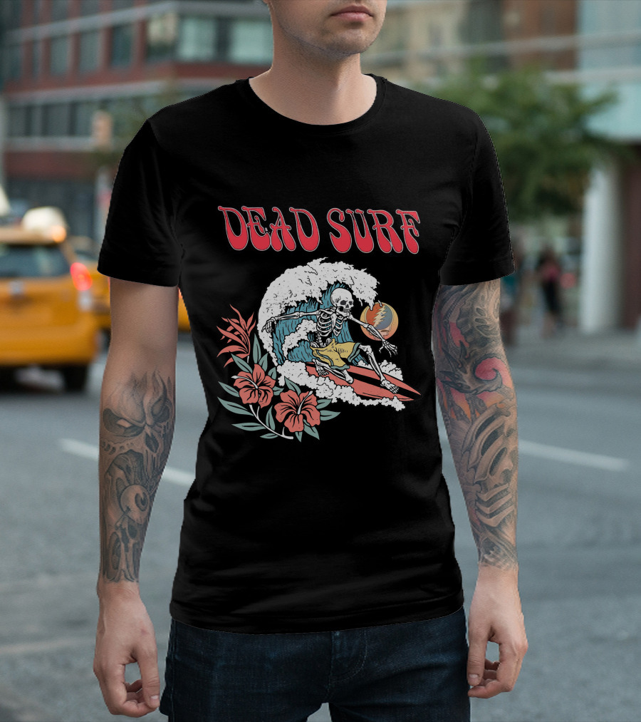 Dead Surf Skeleton Riding Wave with Hibiscus Flowers and Full Moon T-Shirt