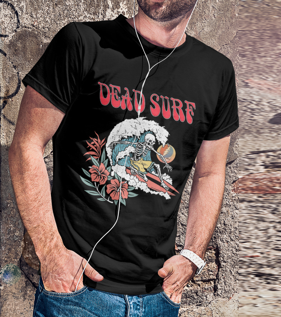 Dead Surf Skeleton Riding Wave With Hibiscus Flowers And Full Moon T-Shirt