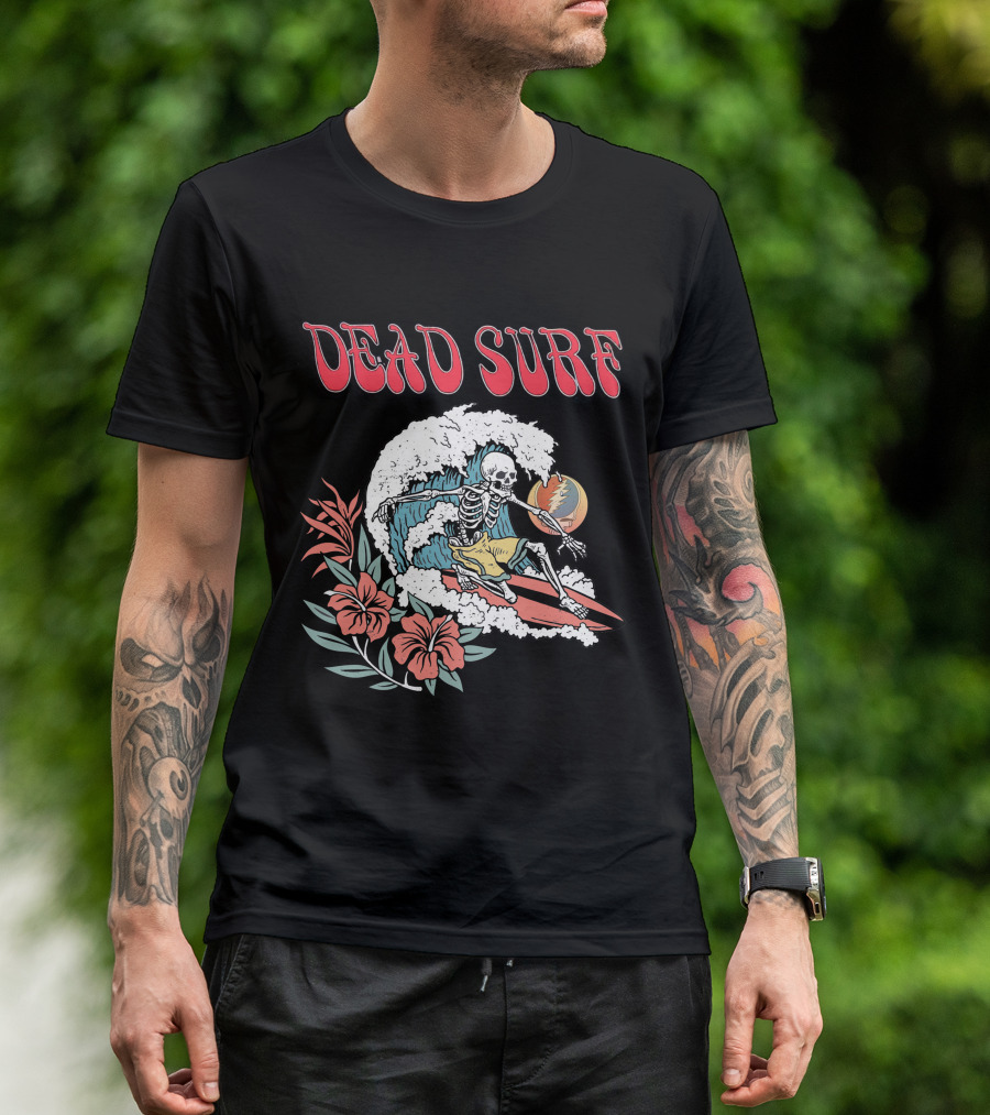 Dead Surf Skeleton Riding Wave With Hibiscus Flowers And Full Moon T-Shirt