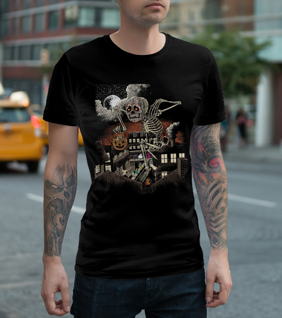 Halloween Skeleton Monster Under Full Moon With Pumpkin Over Houses T-Shirt