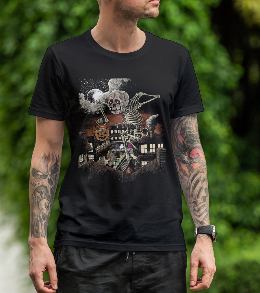 Halloween Skeleton Monster Under Full Moon With Pumpkin Over Houses T-Shirt