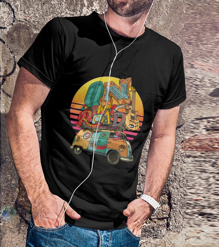 On The Road Retro Sunset Van And Guitar Adventure T-Shirt
