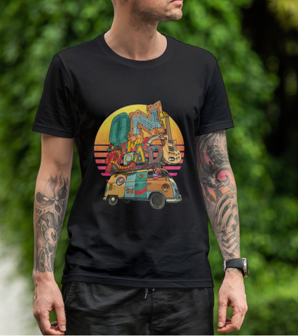 On The Road Retro Sunset Van And Guitar Adventure T-Shirt