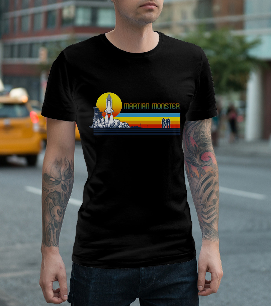 Martian Monster Space Shuttle Launch Rocket Silhouette Retro Sunset T-Shirt